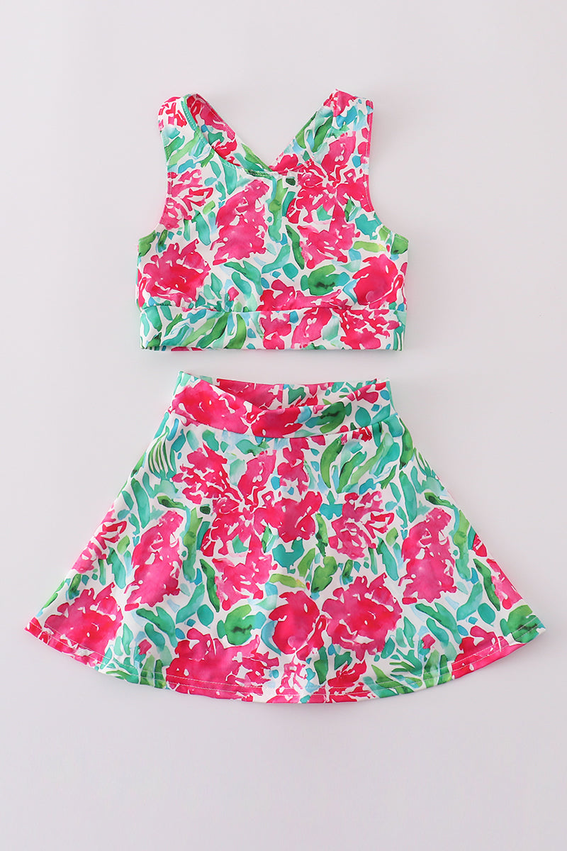 Pink paradise print tennis skort set