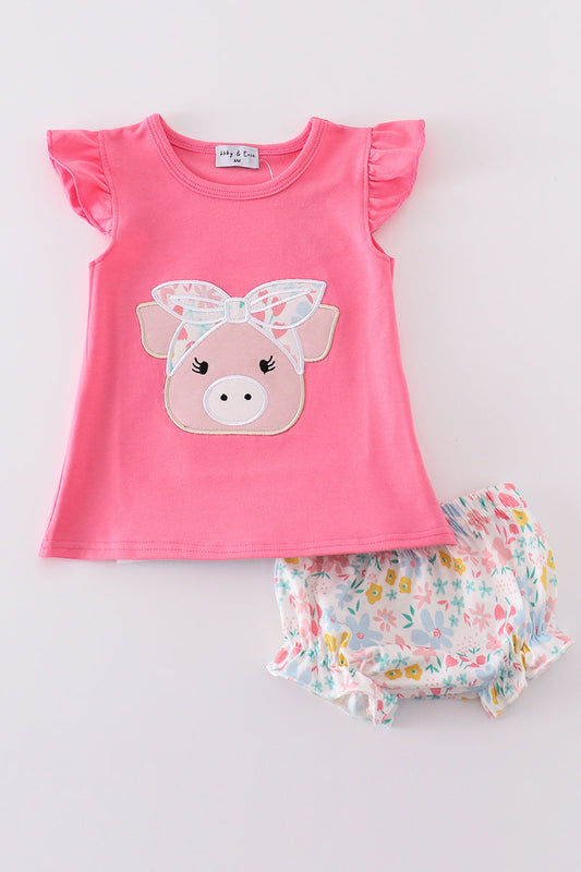 Pink floral pig applique bloomer set