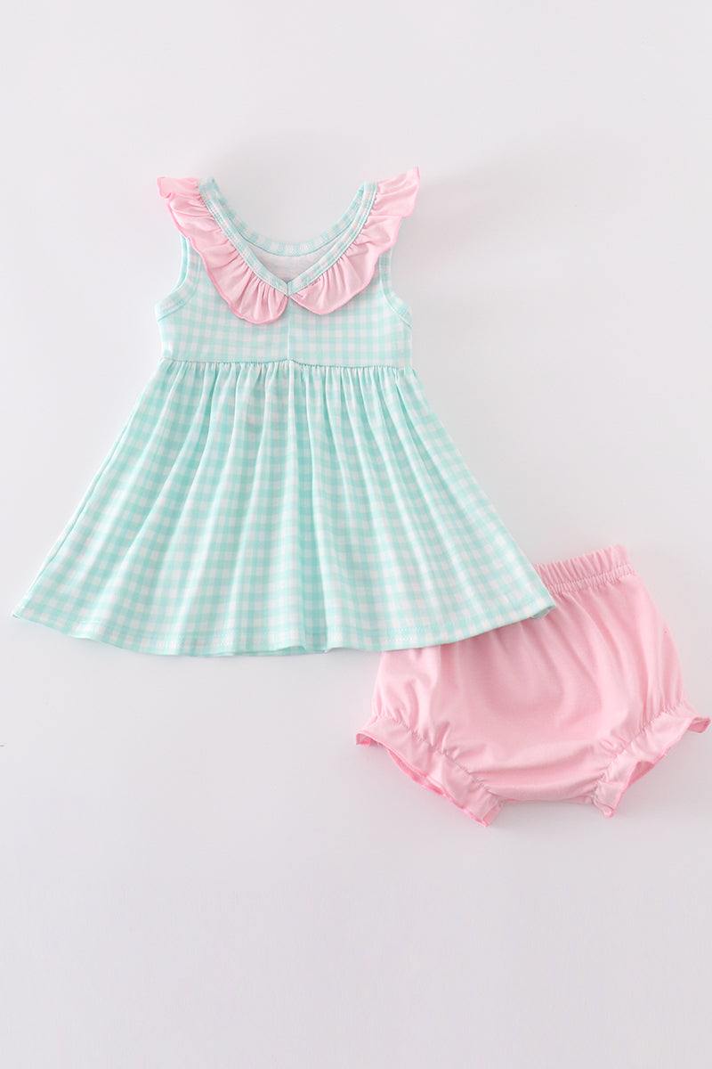 Blue princess embroidery girl gingham bloomer set