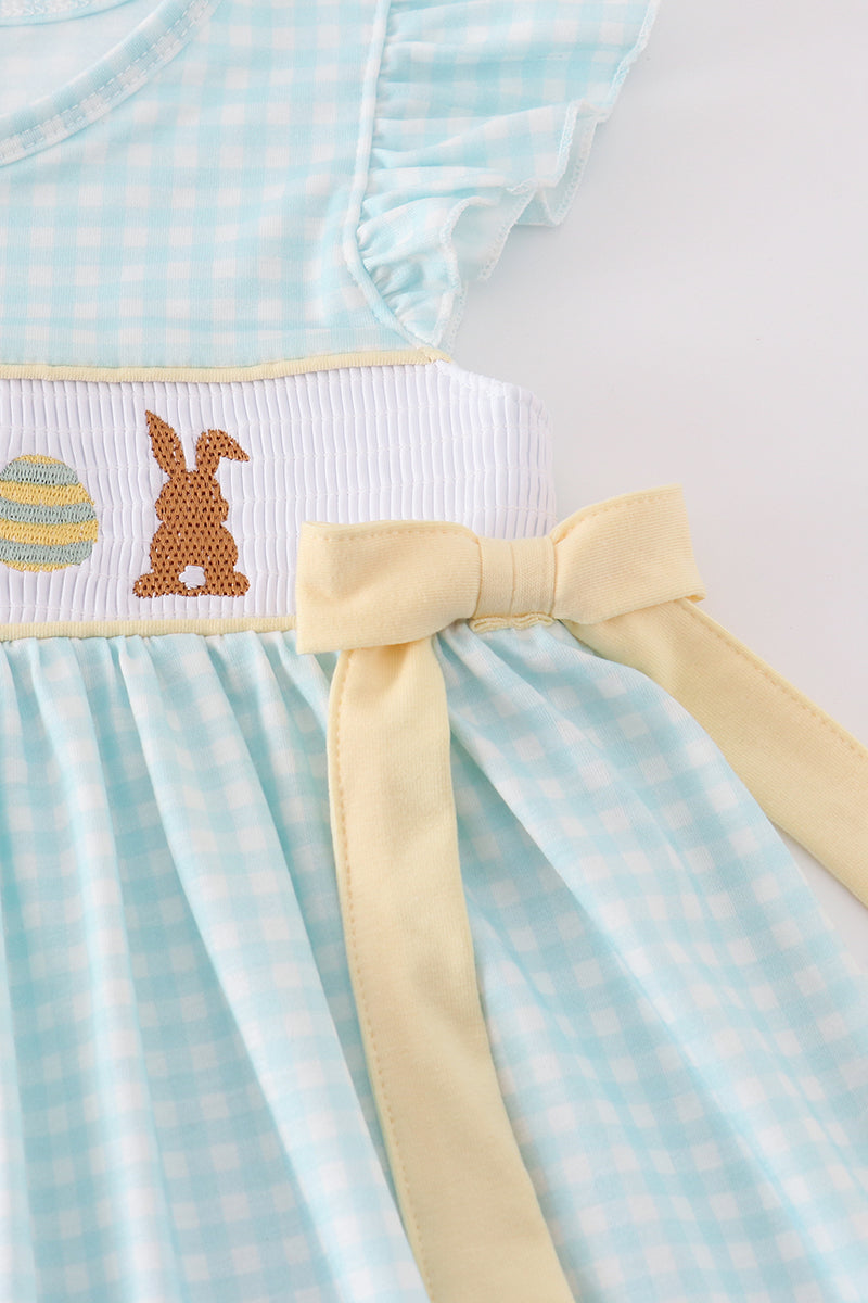 Blue bunny embroidery smocked dress