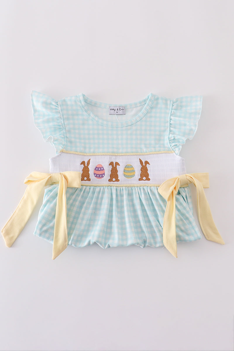 Blue bunny embroidery smocked dress