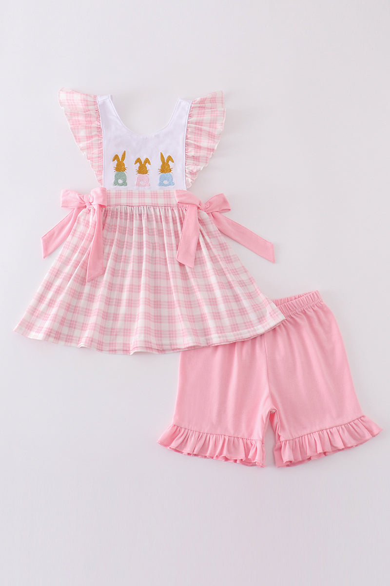 Pink bunny embroidery bow set