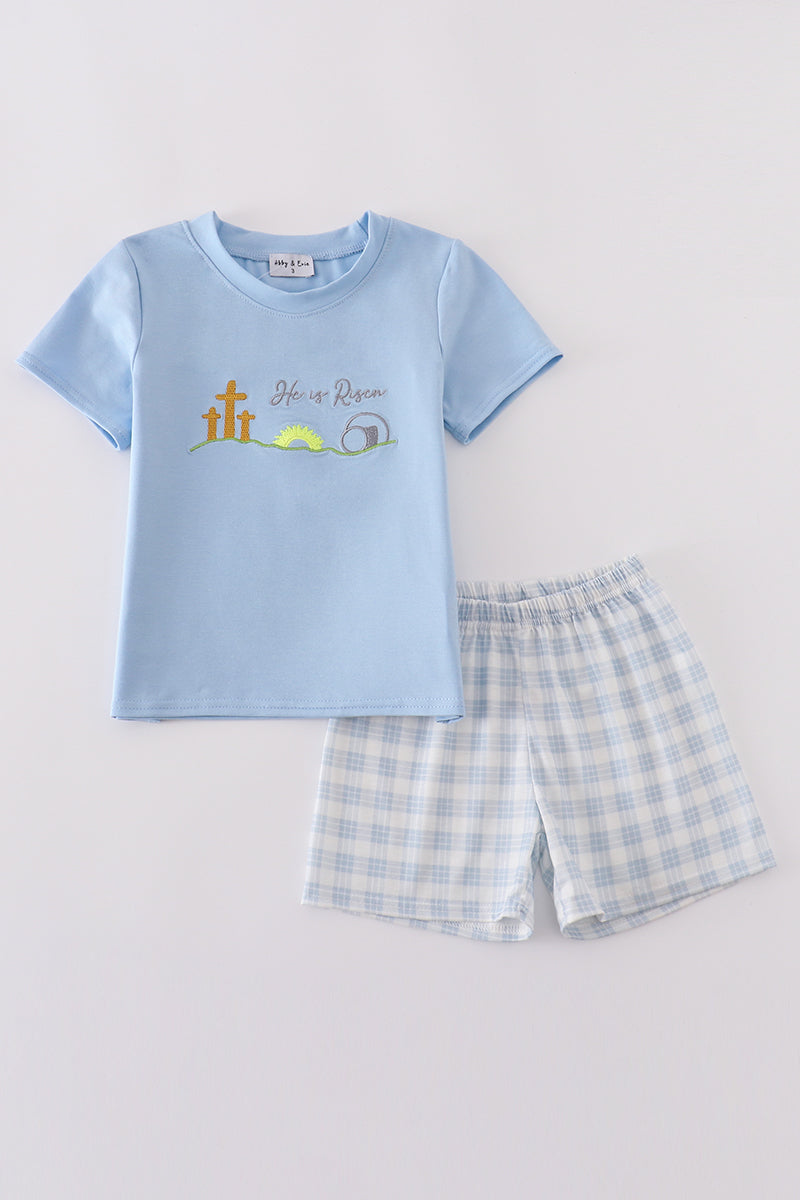 Blue plaid he is risen embroidery  set