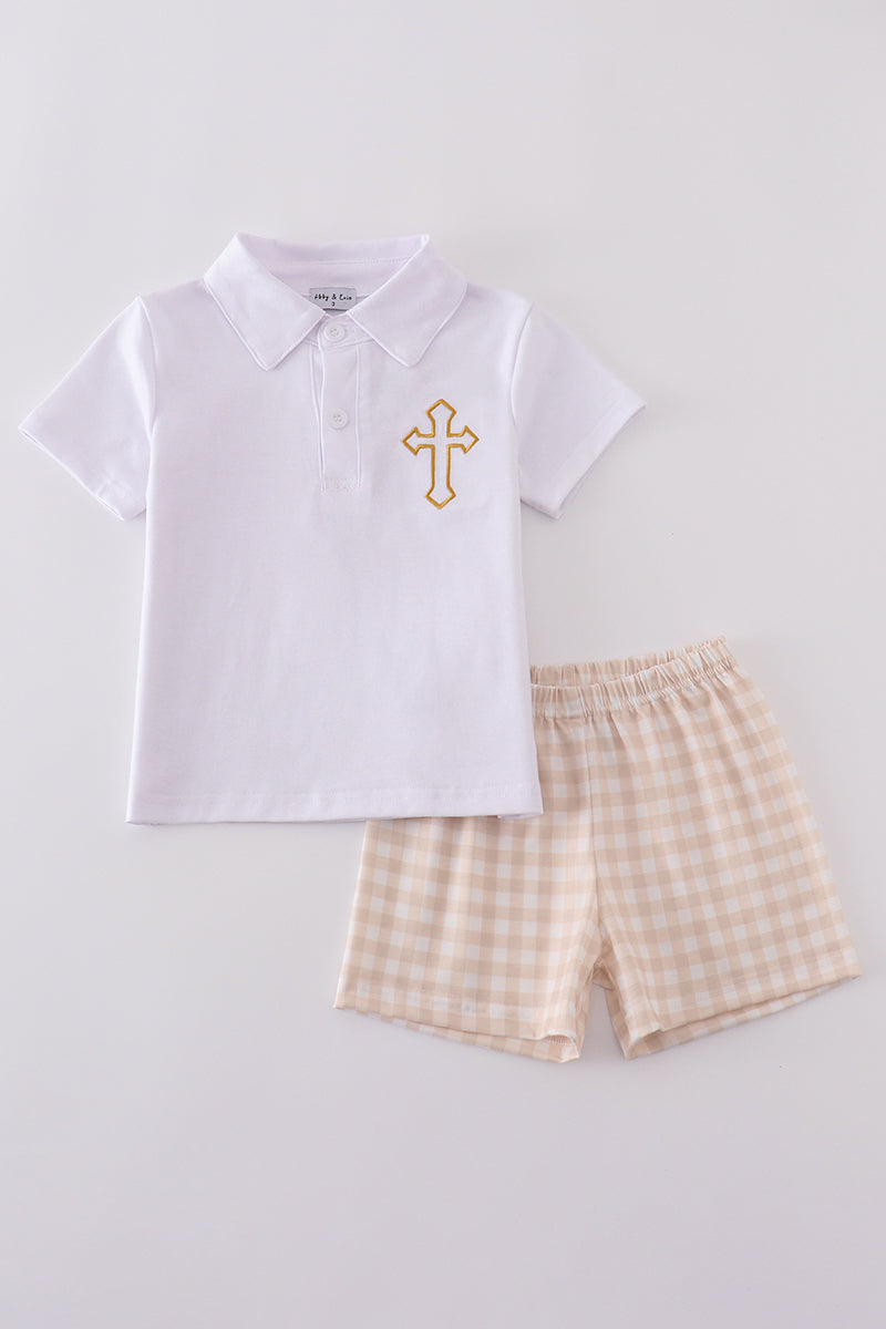 Easter cross embroidery boy shorts set