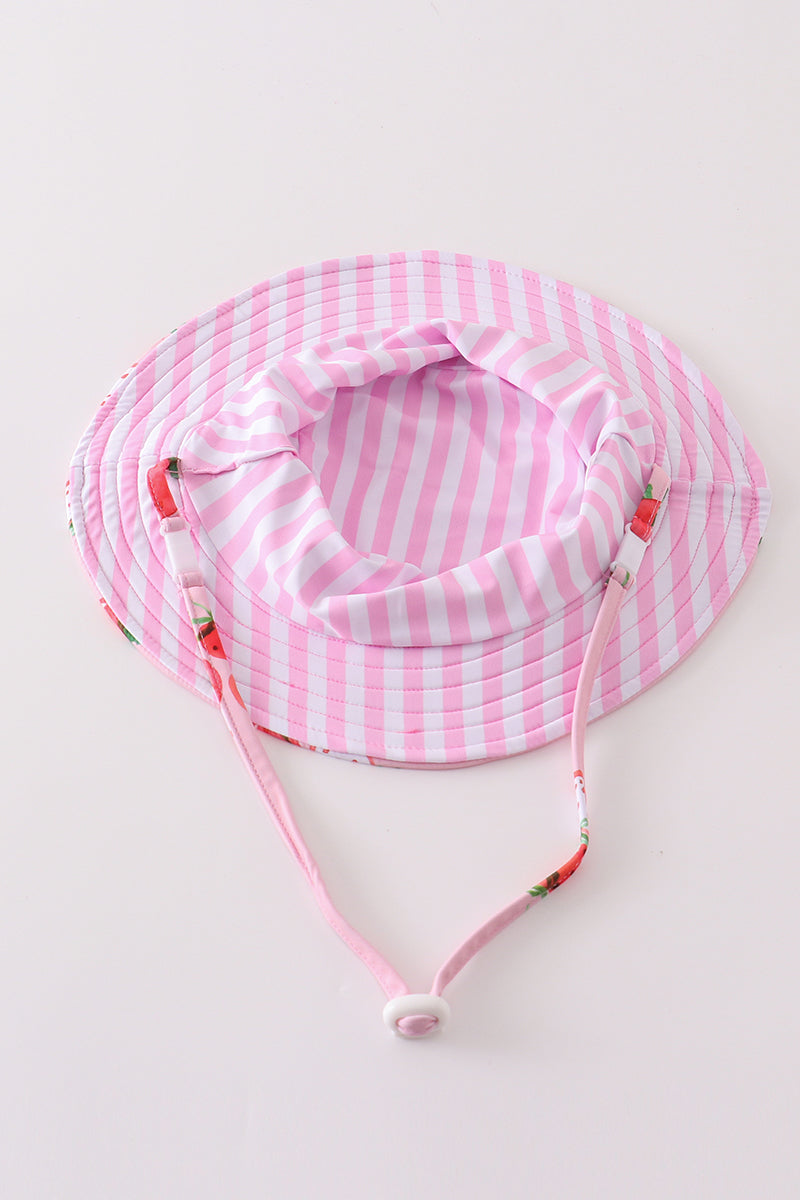 White & pink stripe strawberry print sun hat