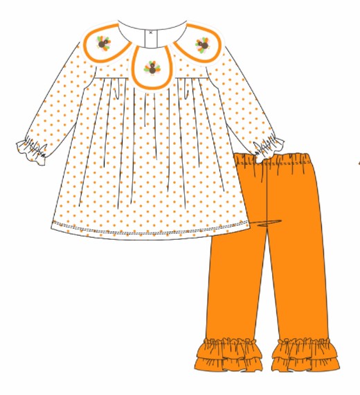 Premium orange turkey embroidery ruffle pants set