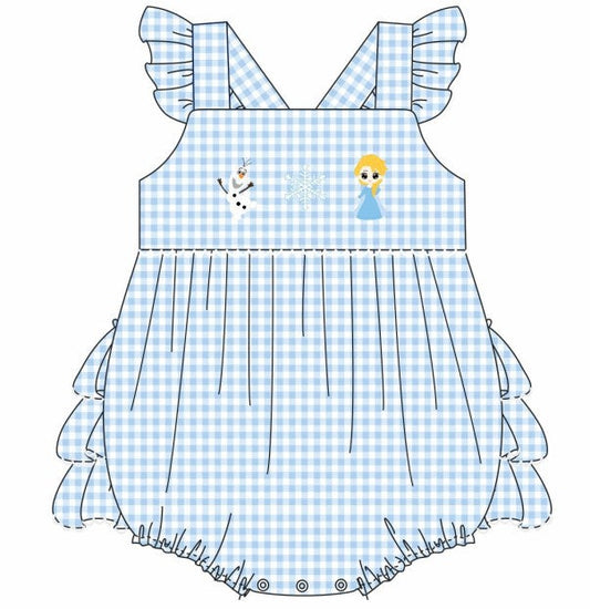 Premium blue snowman embroidery gingham ruffle bubble