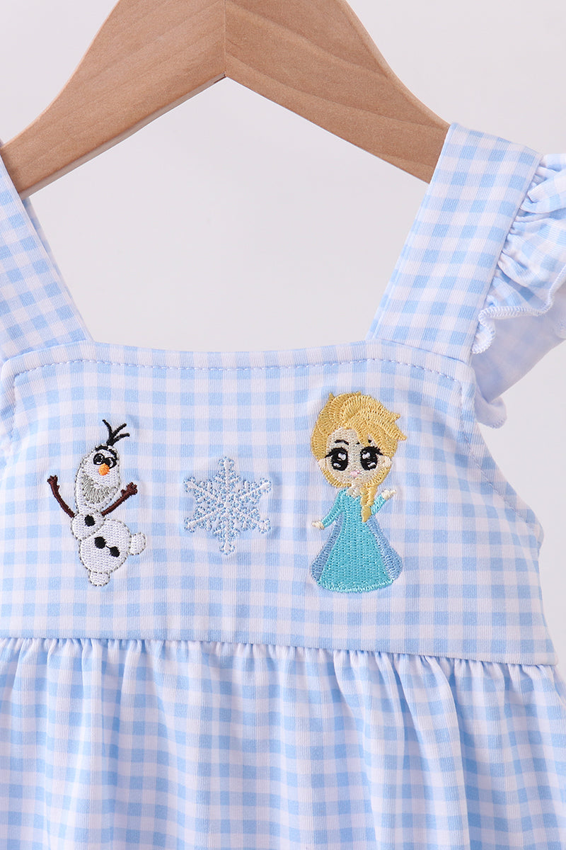 Premium blue snowman embroidery gingham ruffle bubble