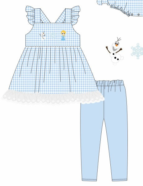 Premium blue snowman embroidery gingham ruffle pants set