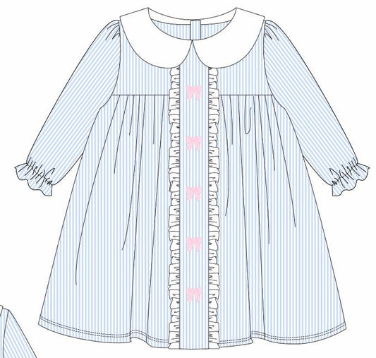 Premium blue stripe bow embroidery dress
