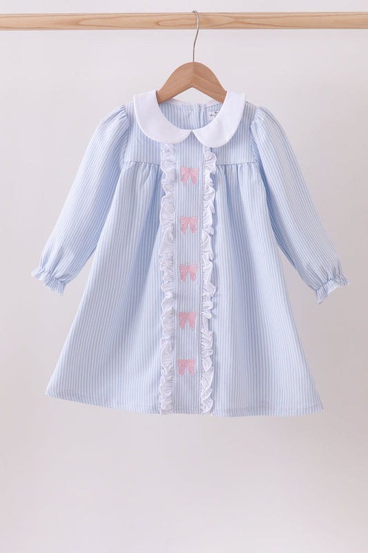 Premium blue stripe bow embroidery dress