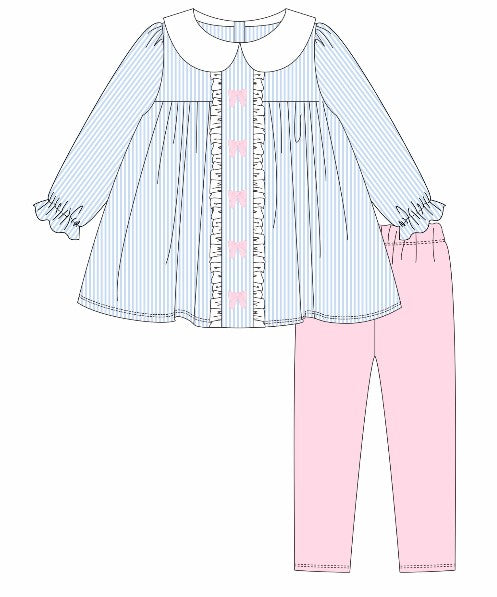 Premium blue stripe bow embroidery pants set