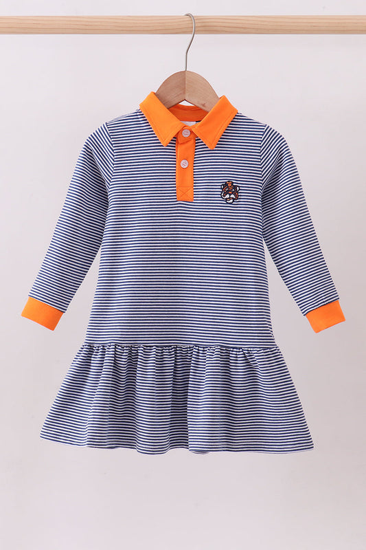 Premium Blue Auburn stripe tiger embroidery dress