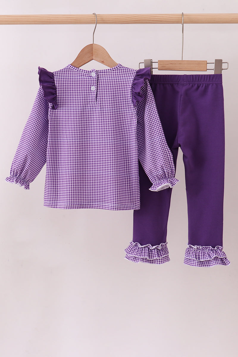 Premium Purple LSU tiger football embroideyr gingham ruffle pants set