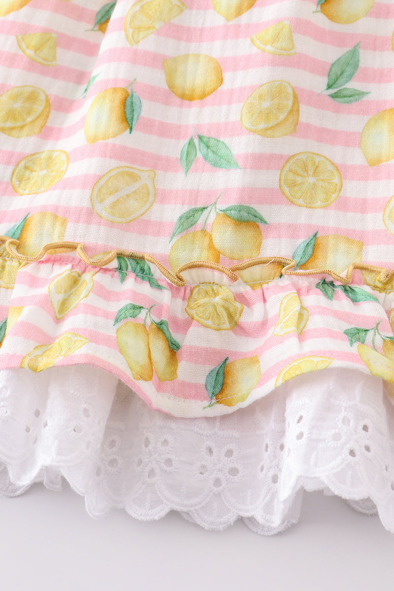 Premium Pink muslin stripe lemon ruffle dress