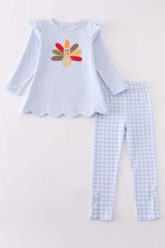 Premium Blue turkey embroidery stripe girl set