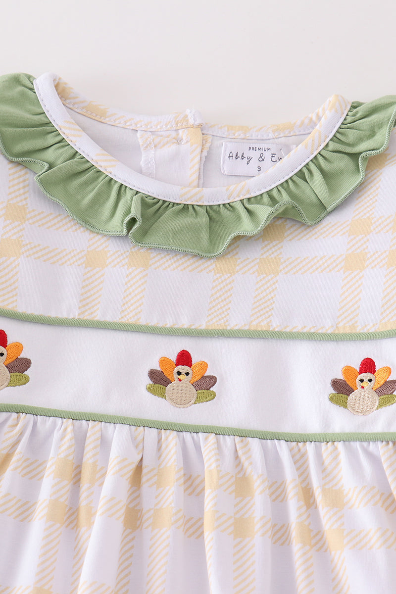 Premium Green turkey embroidery plaid girl set