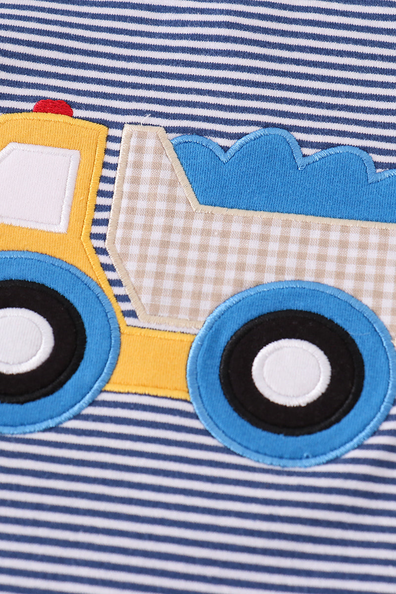 Premium blue stripe truck applique boy set