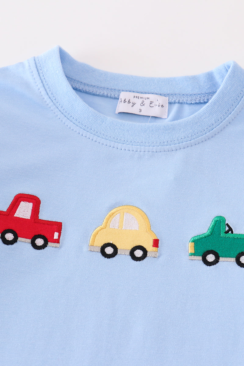 Premium blue vehicle applique boy set