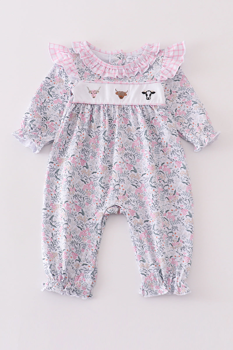 Premium Floral print cow embroidery girl romper