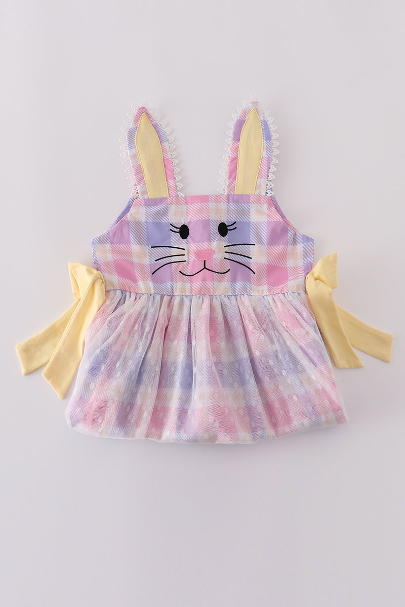 Premium pink bunny bow plaid dress