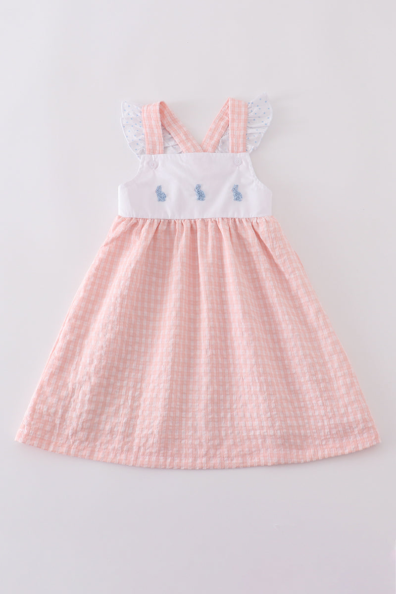 Premium Pink bunny embroidery gingham dress