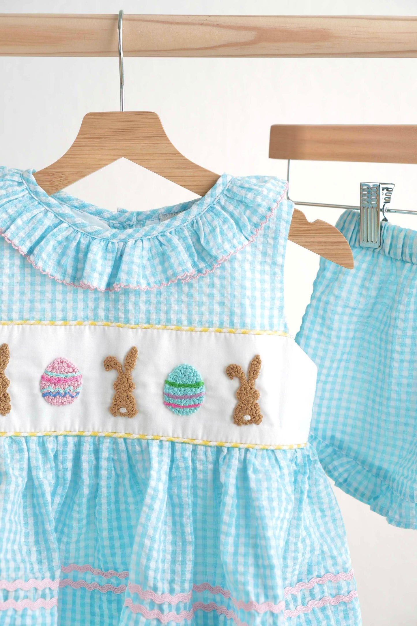 Blue easter bunny egg french knot girl gingham seersucker set