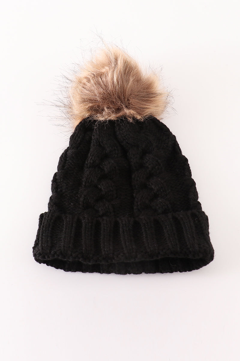 Black pompom cable beanie