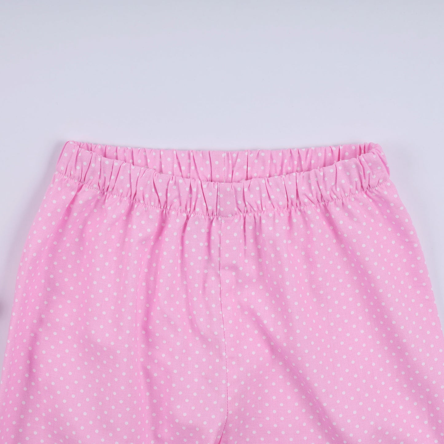 Pink character hand smocked dot ruffle pants set