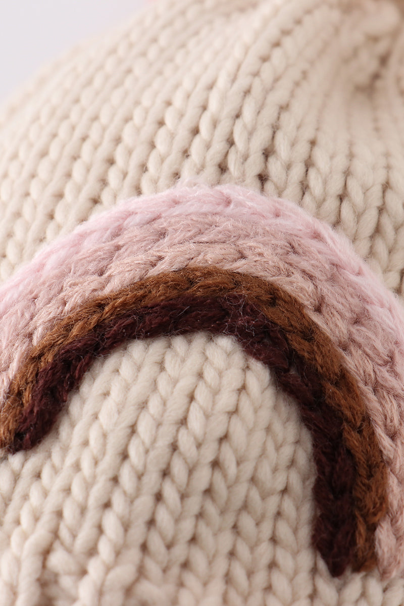 Rainbow hand embroidered pom pom beanie hat