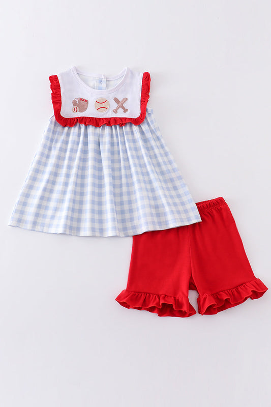 Blue plaid baseball embroidery girl set