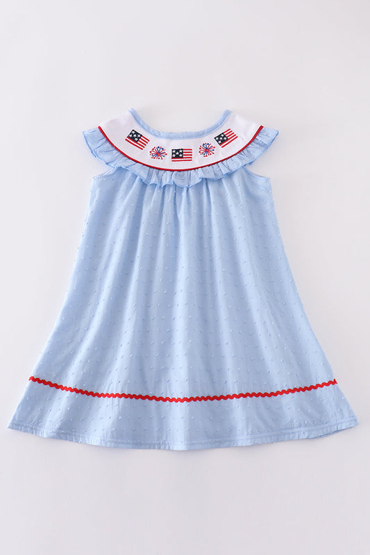 Blue swiss dot flag embroidery dress