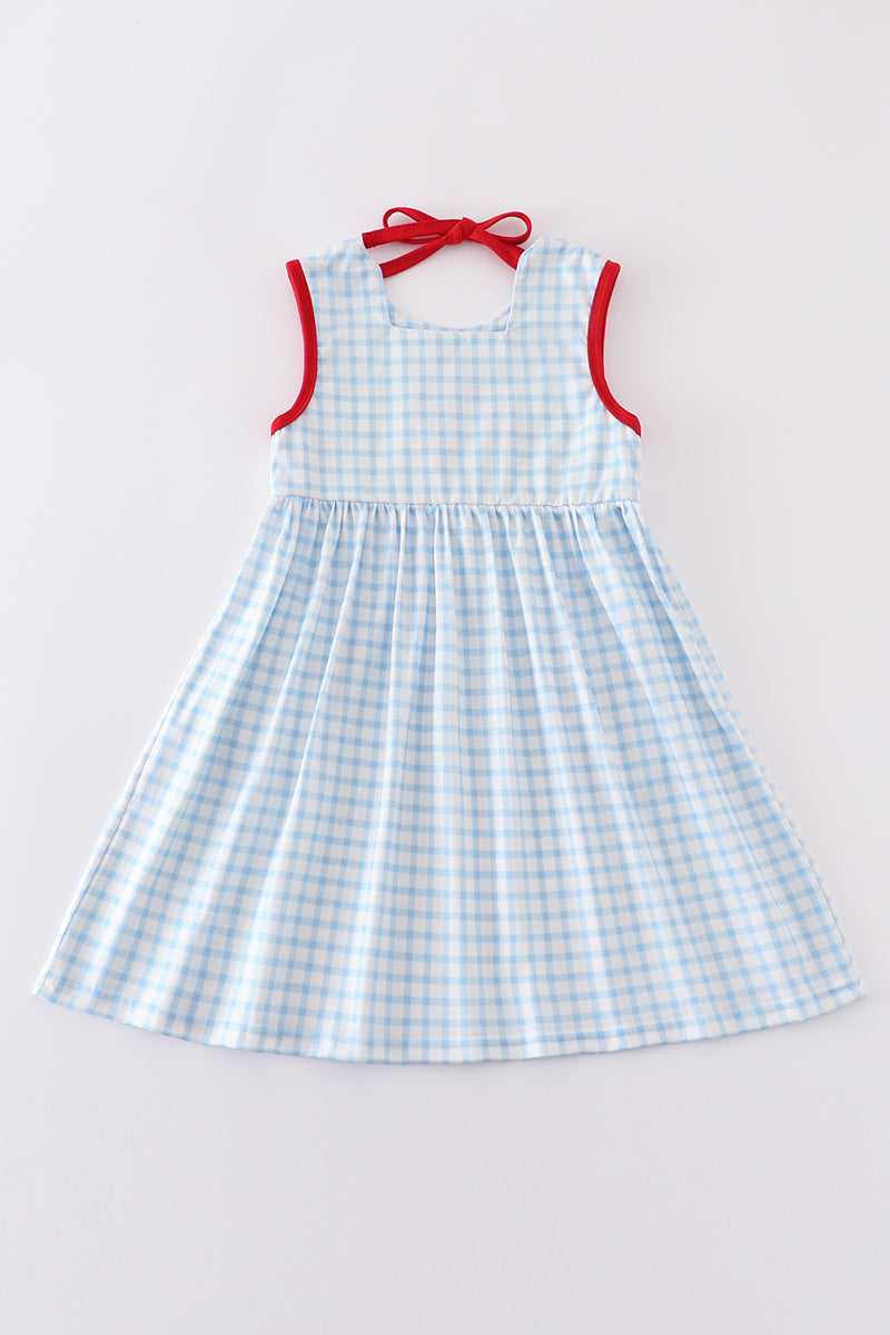 Blue flag embroidery gingham dress