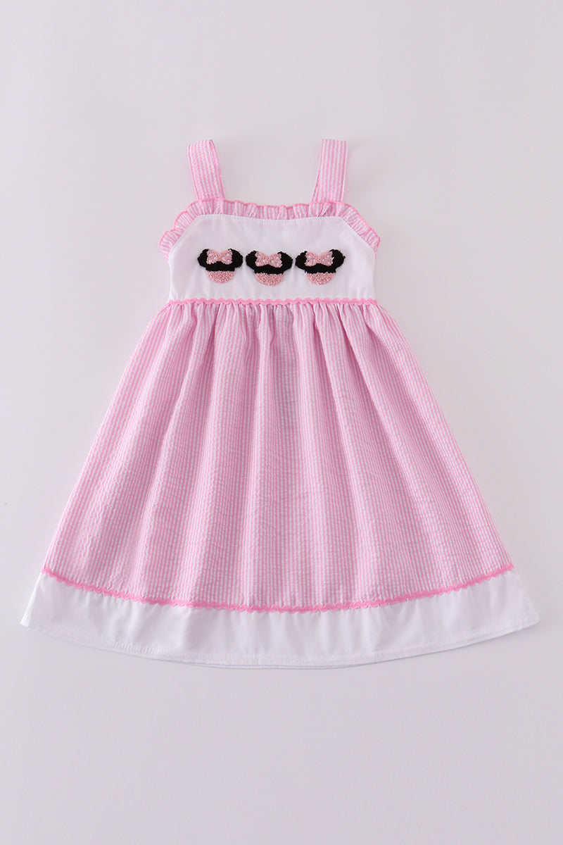 Pink stripe seersucker character french knot dress