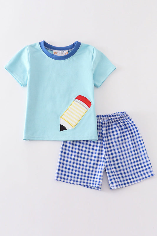 Blue pencil applique boy set