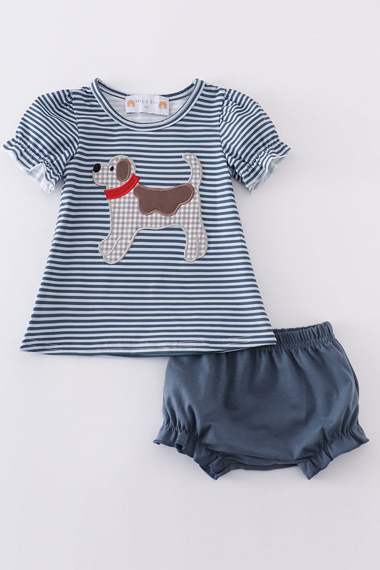 Navy stripe puppy applique girl bloomer set