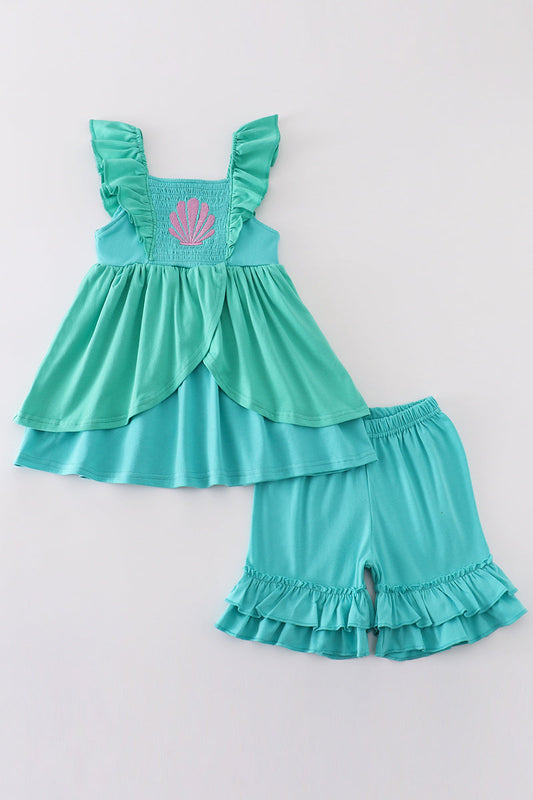 Green Ariel embroidery smocked girl set