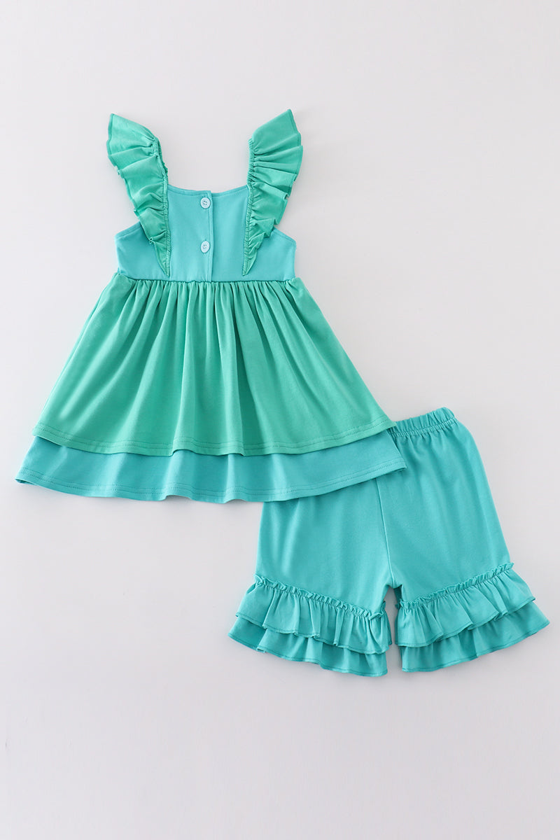 Green Ariel embroidery smocked girl set