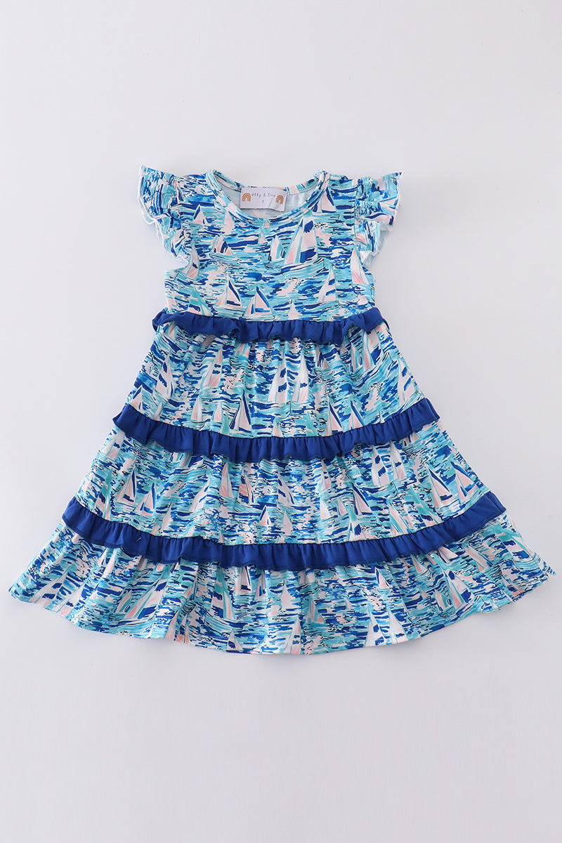 Blue ocean regatta print girl dress