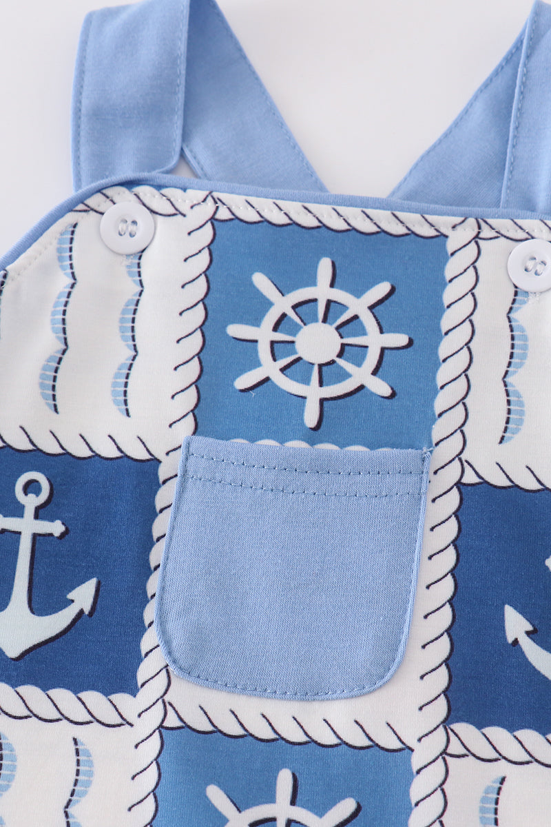 Blue sail boats checkered boy romper