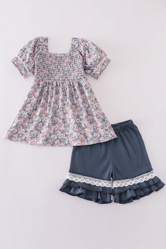 Blue floral whisper smocked girl set