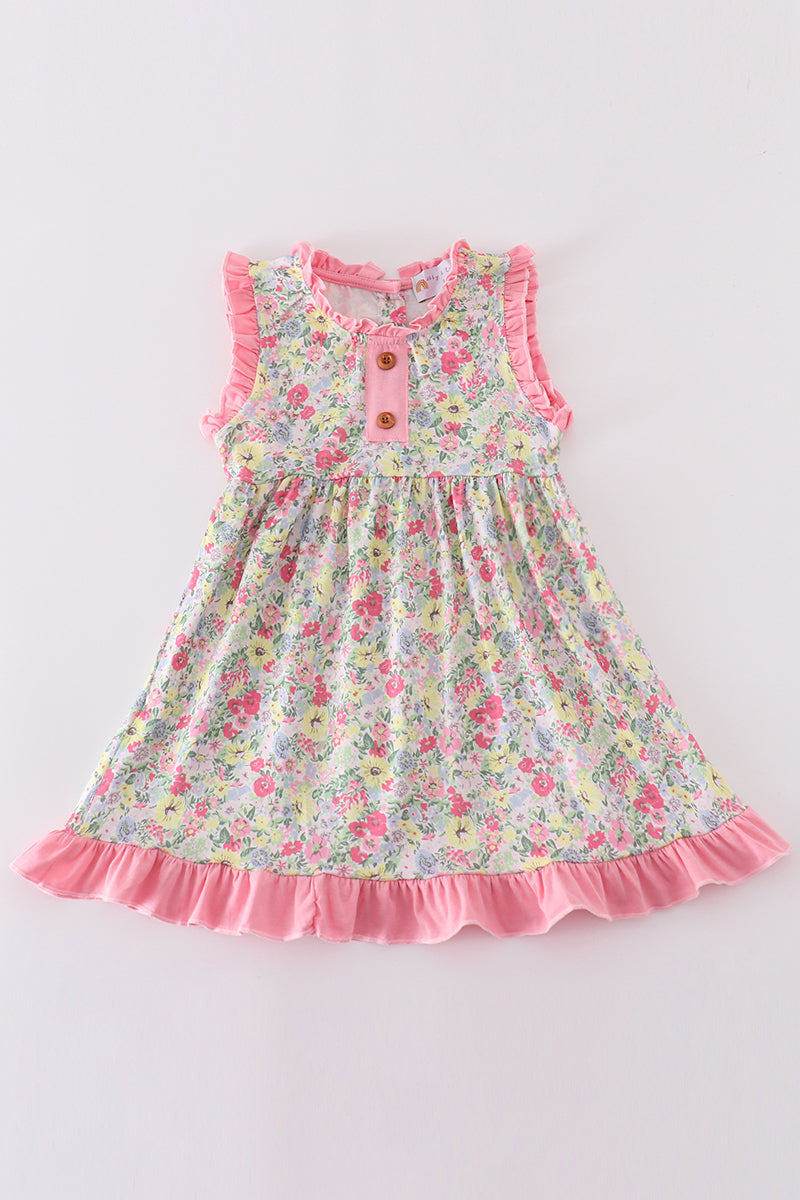 Pink floral print girl ruffle dress