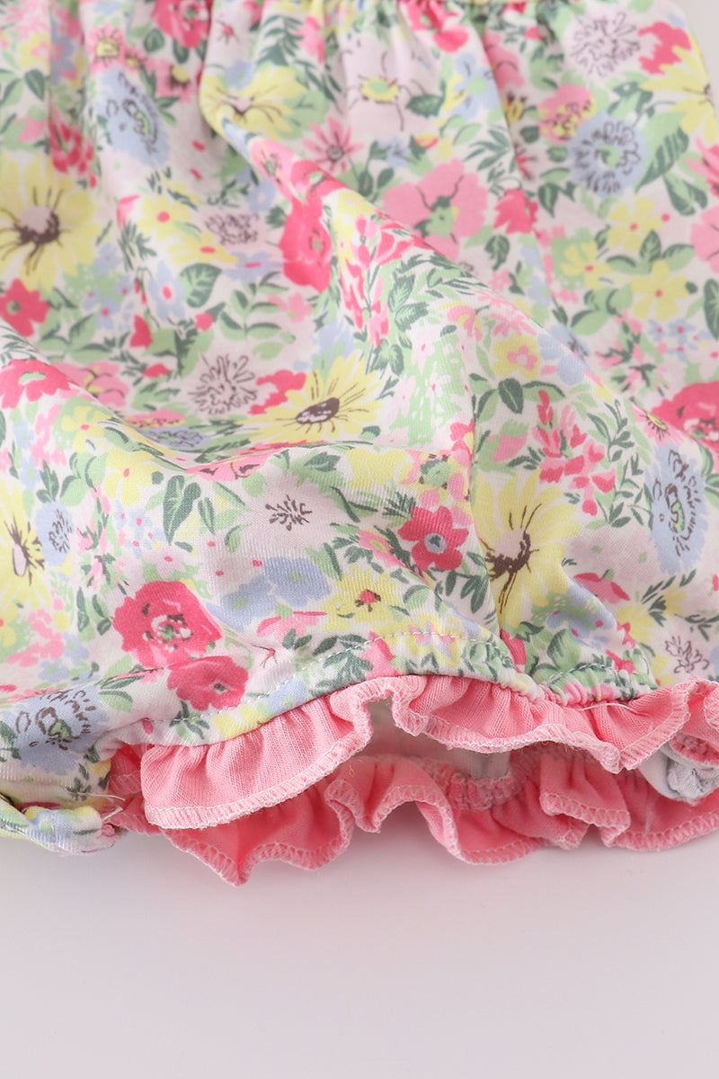 Pink floral print girl ruffle bubble