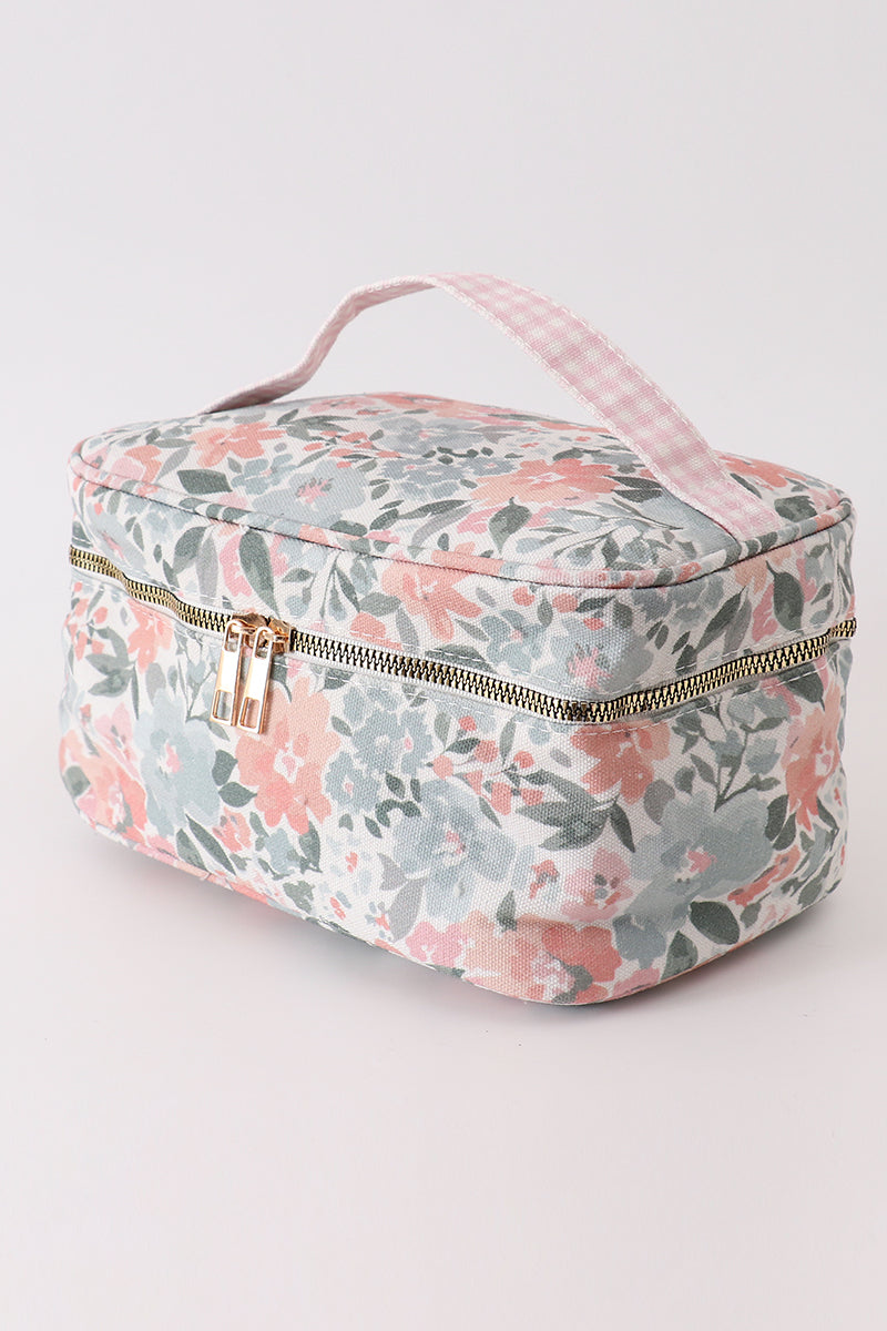 Pink floral makeup bag