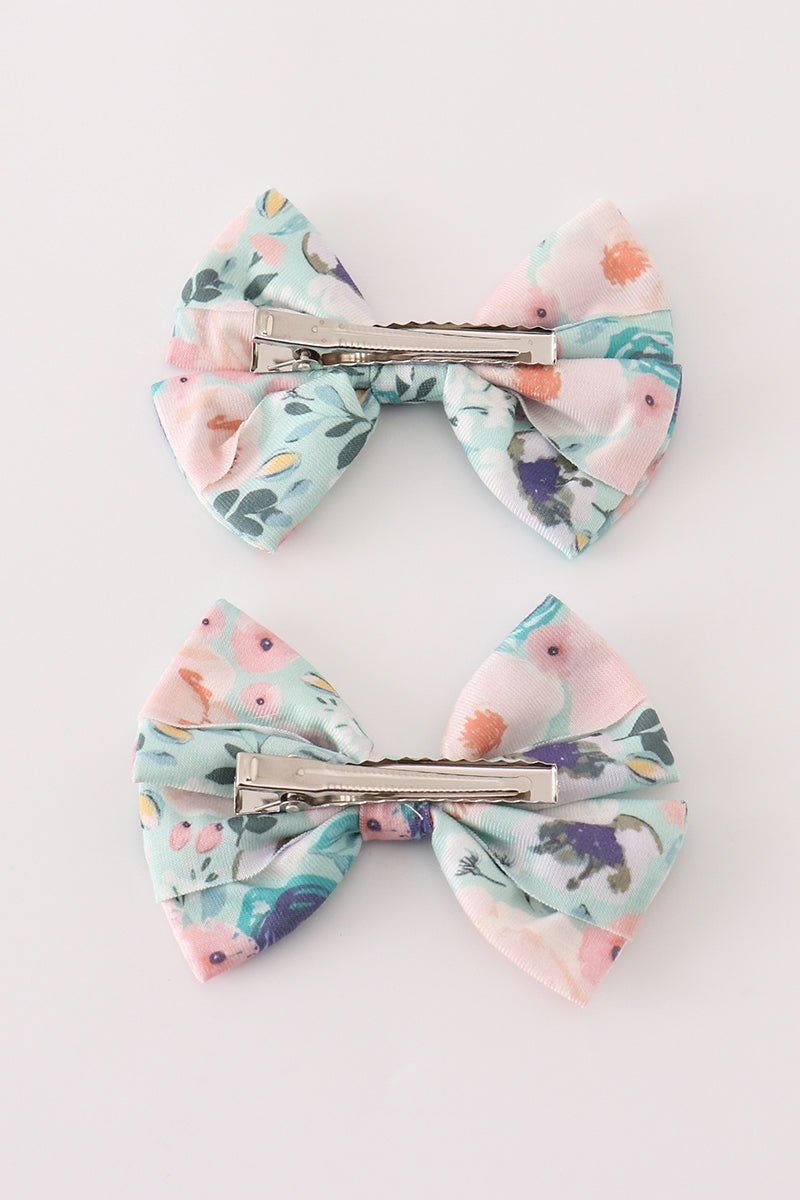 Green garden serenity print girl piggie hair bow