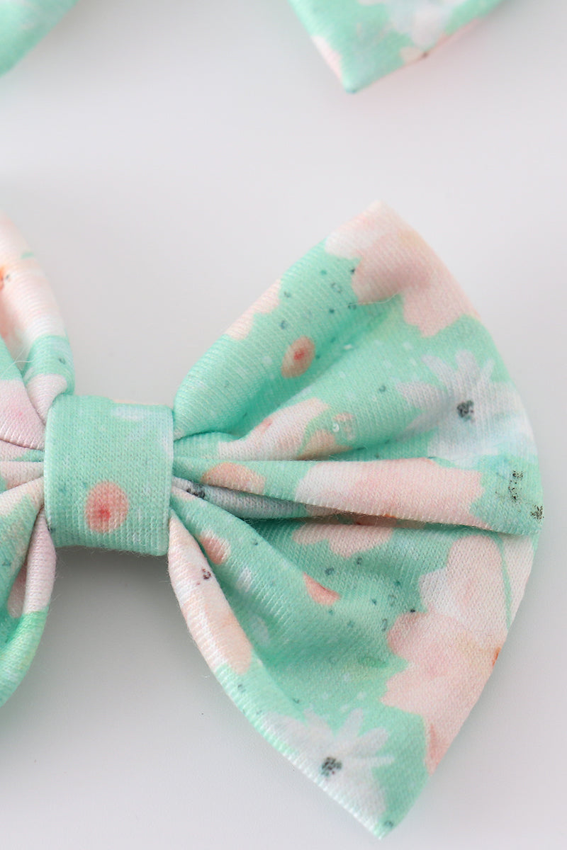 Green floral print girl piggie hair bow