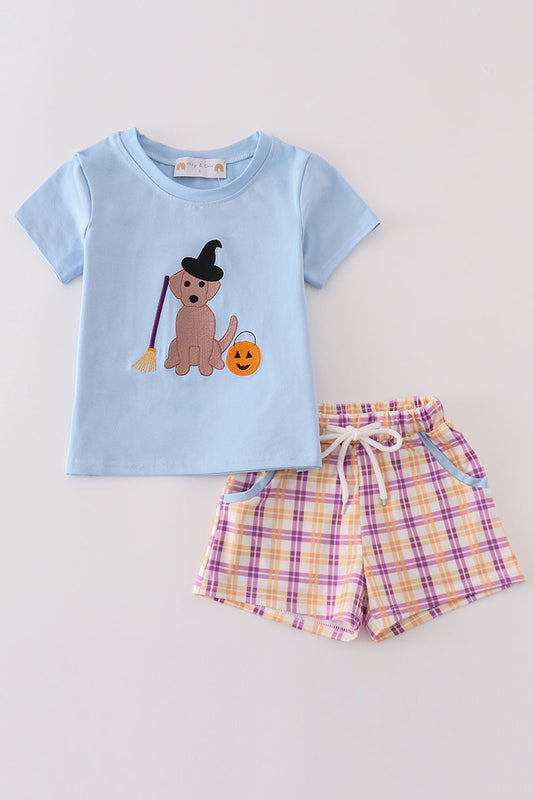 Blue halloween witch dog embroidery boy shorts set