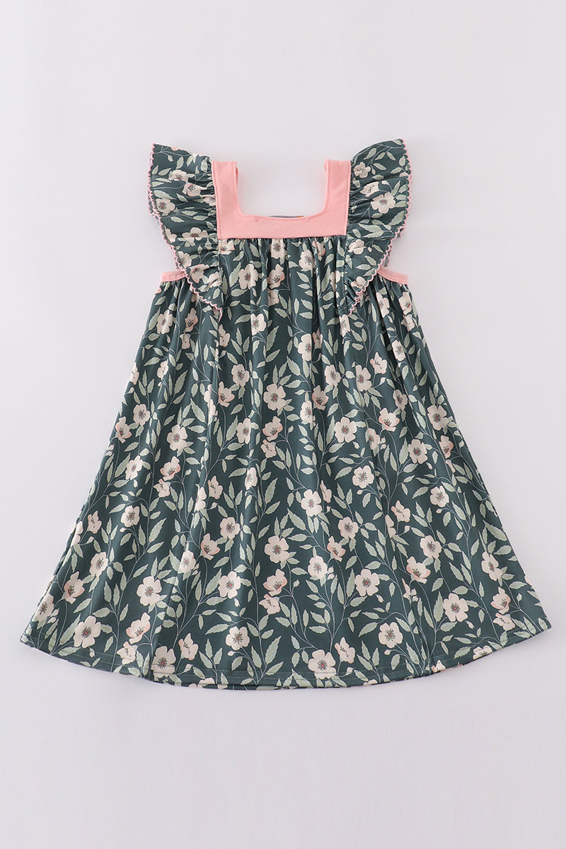 Green forest bloom print girl dress