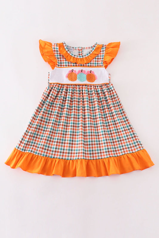 Pumpkin french knot gingham dress