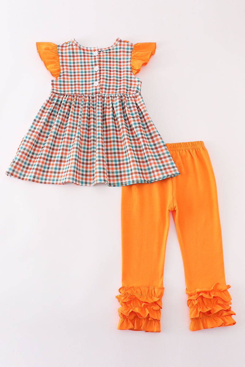 Pumpkin french knot gingham girl set